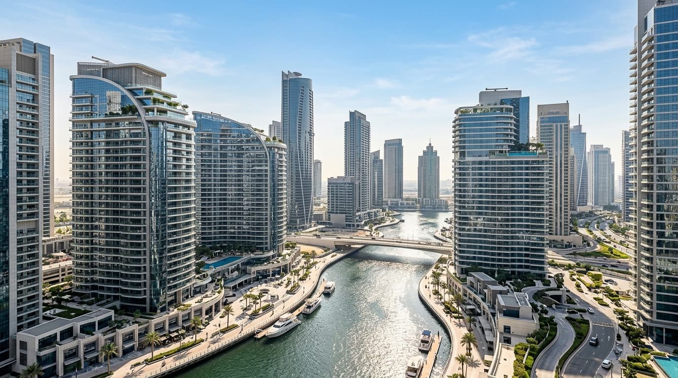 Stunning Dubai skyline showcasing modern real estate and waterfront views.