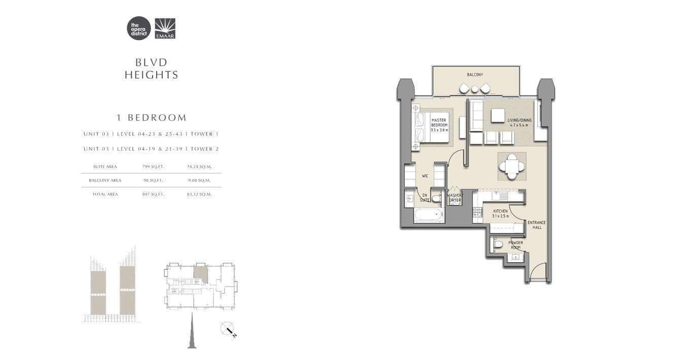 BLVD Heights 1 Bedroom Apartment Tower 1 & 2 Unit 03 Floor Plans