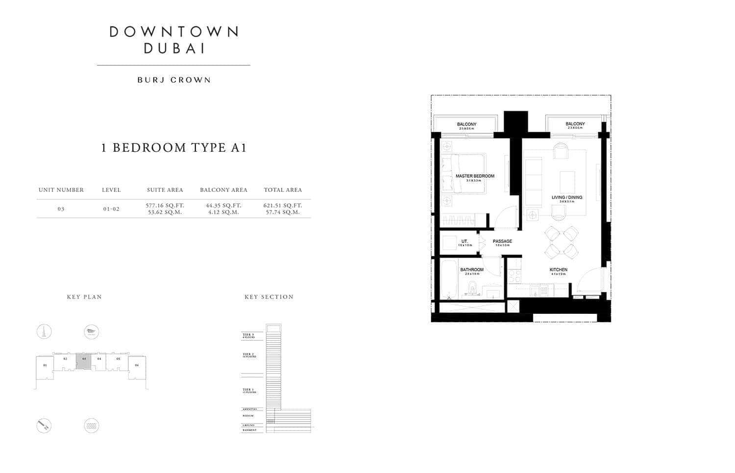Burj Crown 1 Bedroom Type-A1 Unit-3 Floor Plans