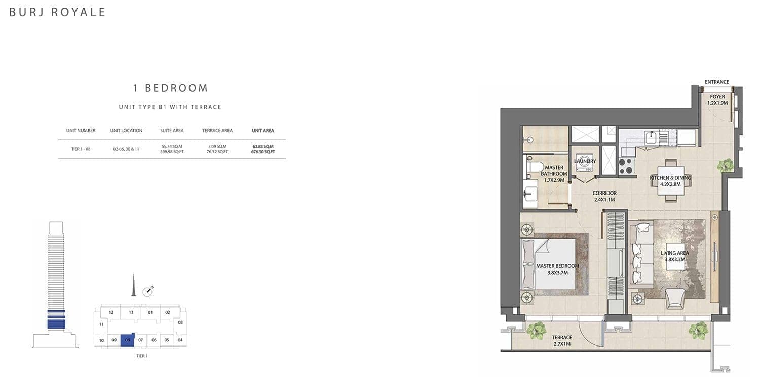 Burj Royale 1 Bedroom Apartment Type B1 Floor Plans