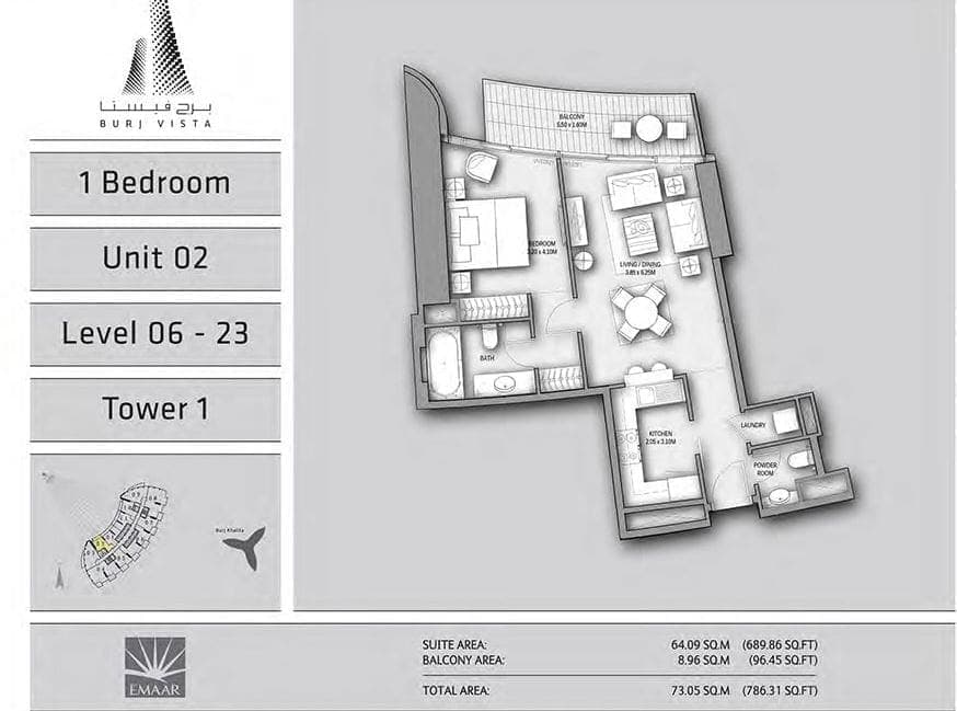 Burj Vista 1 Bedroom Apartment Type 1 Unit 02 Floor Plans