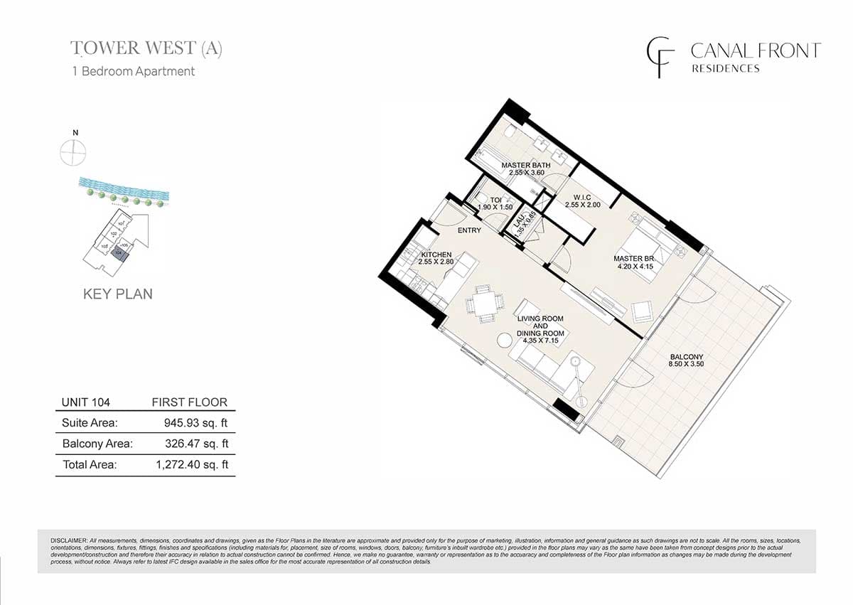 Canal Front Residences 1 Bedroom Apartment Tower West - A Floor Plans 1