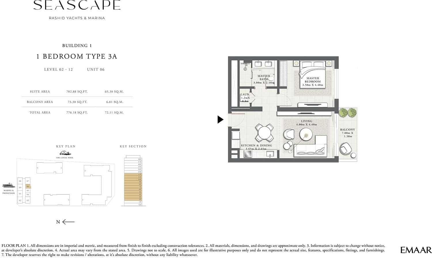 Seascape Building 1-1 Bedroom Apartment Type 3A Floor Plans