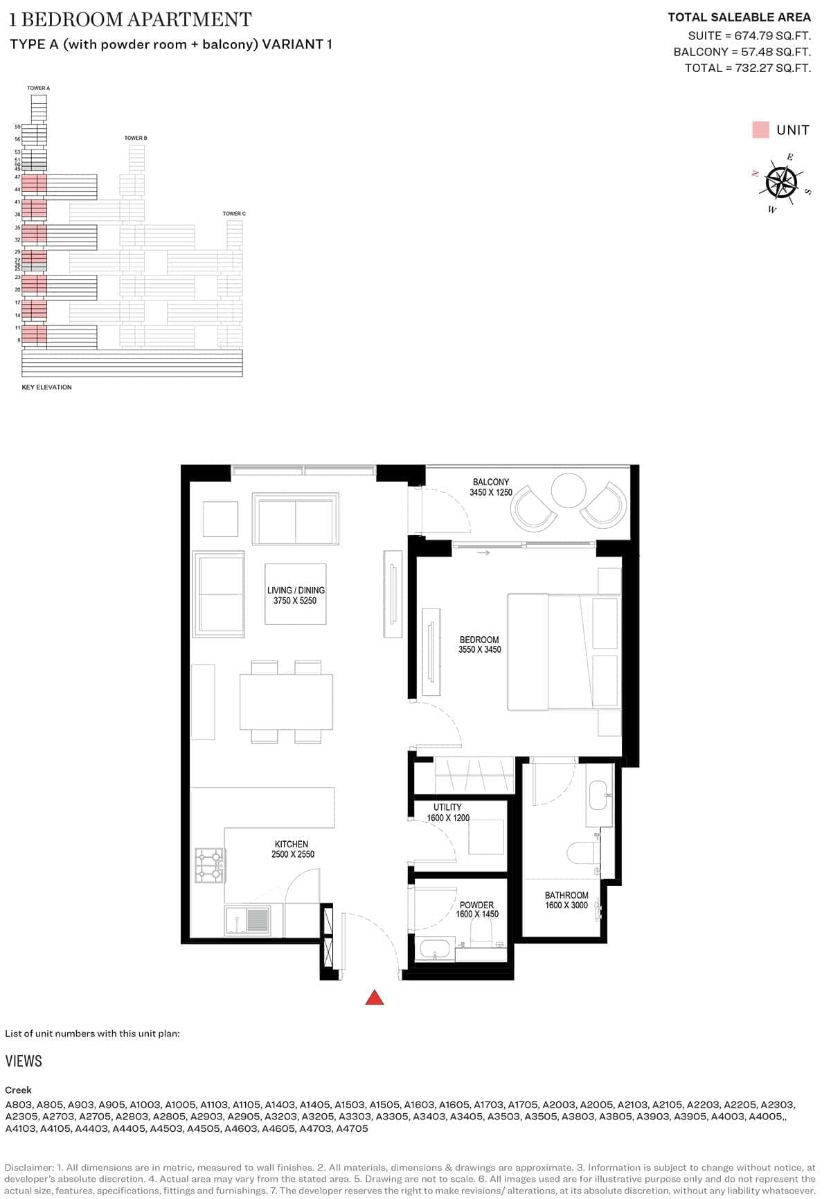 Sobha One Tower A - 1 Bedroom Type A Variant 1 Floor Plan