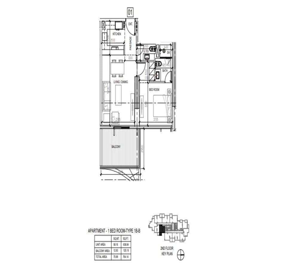 Damac Elegance Tower 1 Bedroom Apartment Type 1B-B Floor Plans