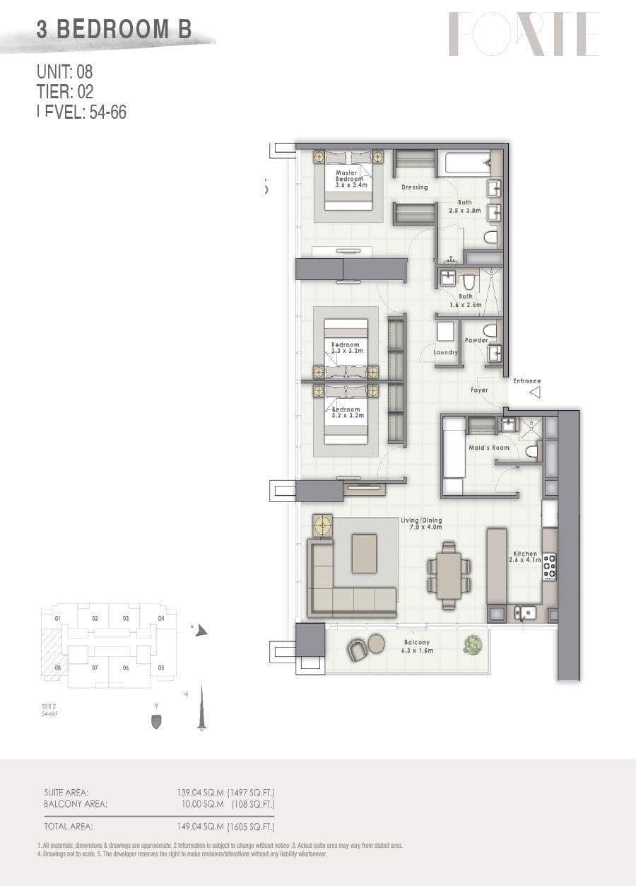 Forte Tower 2 - 3 Bedroom Apartment Type B Unit 08 Floor Plans