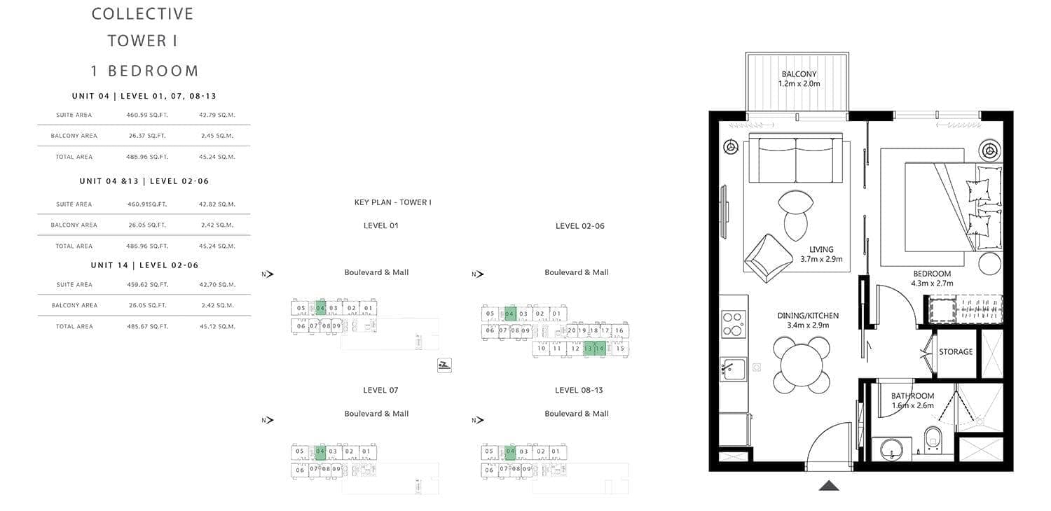 Collective Tower 1 - 1 Bedroom Apartment Unit 04 Floor Plans
