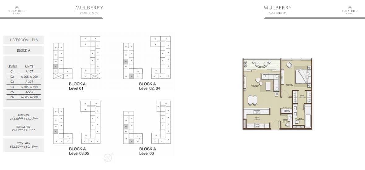 Mulberry 1 Bedroom Apartment Type T1A Block B-1 Floor Plans