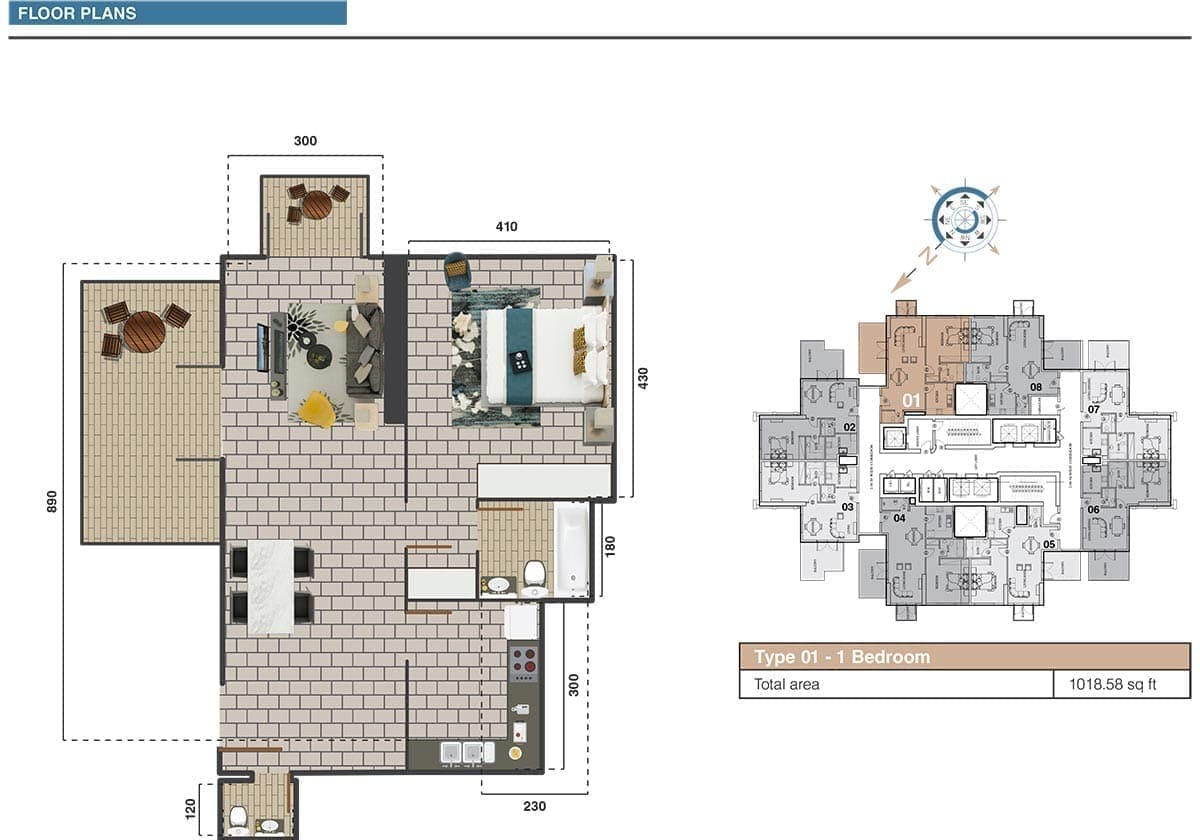 The Square Tower 1 Bedroom Apartment Type 01 Floor Plans