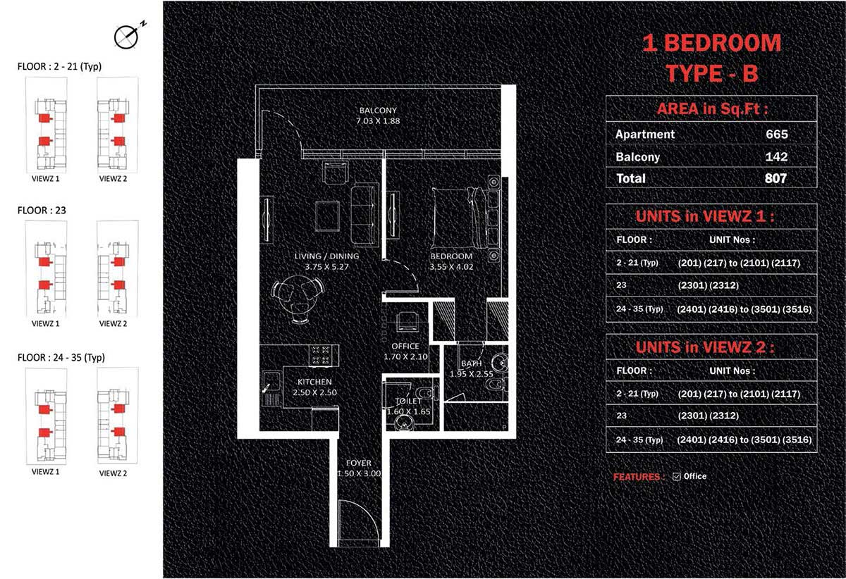 Viewz Residences 1 Bedroom Apartment Type-B Floor Plans
