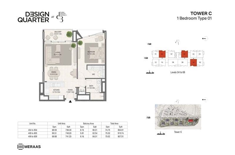 Design Quarter Tower C - 1 Bedroom Apartment Type 01 Floor Plans