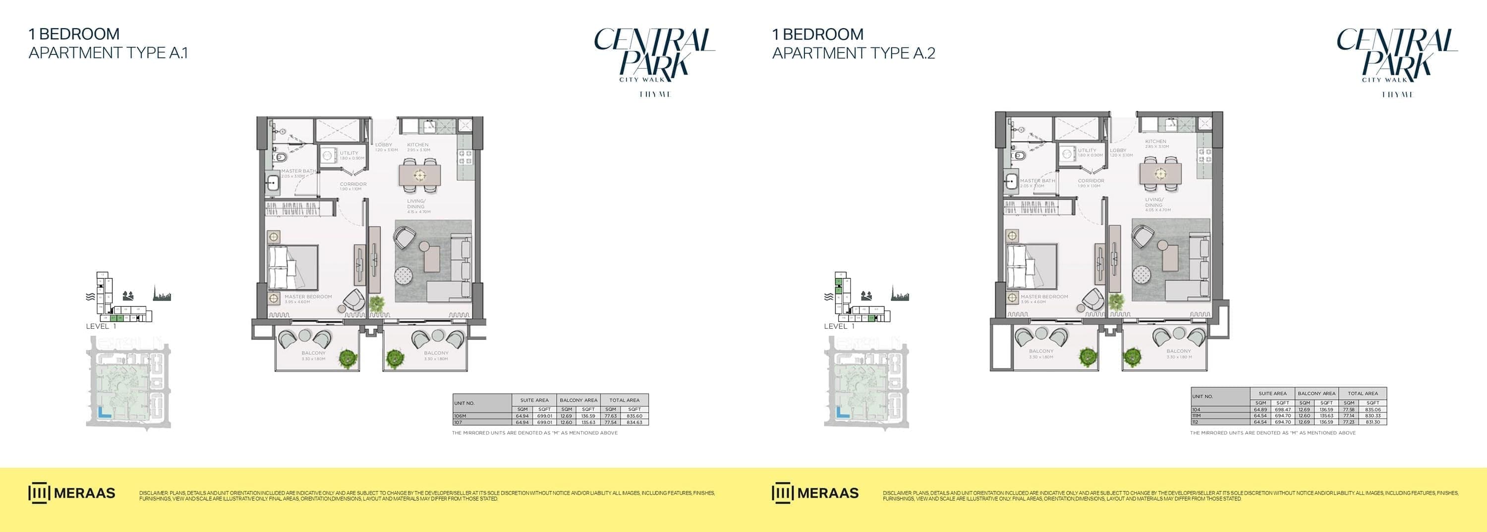 Thyme 1 Bedroom Apartment Type A.1 & A.2 Floor Plans