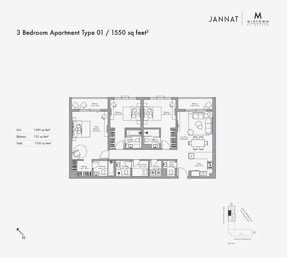 Jannat by Deyaar 3 Bedroom Apartment Type 01 Floor Plan