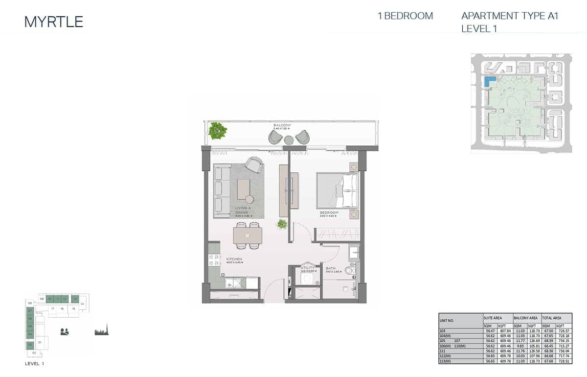 Myrtle 1 Bedroom Apartment Type A1 Floor Plan