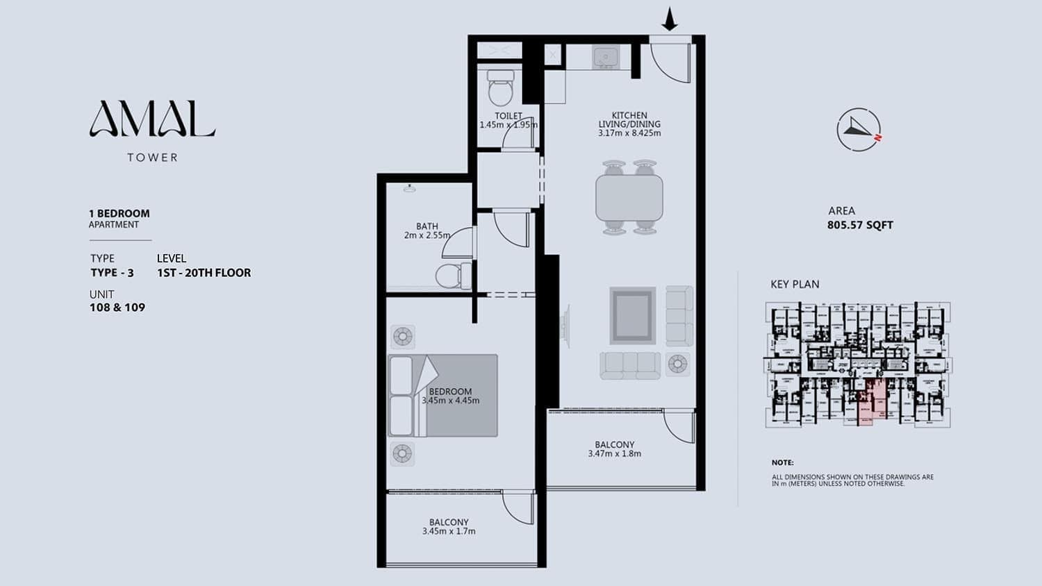 Amal Tower 1 Bedroom Apartment Type 3 Floor Plan