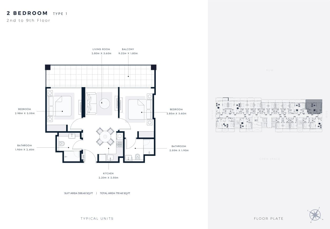 Azizi Riviera 65 - 2 Bedroom Apartment Type 1 Floor Plan