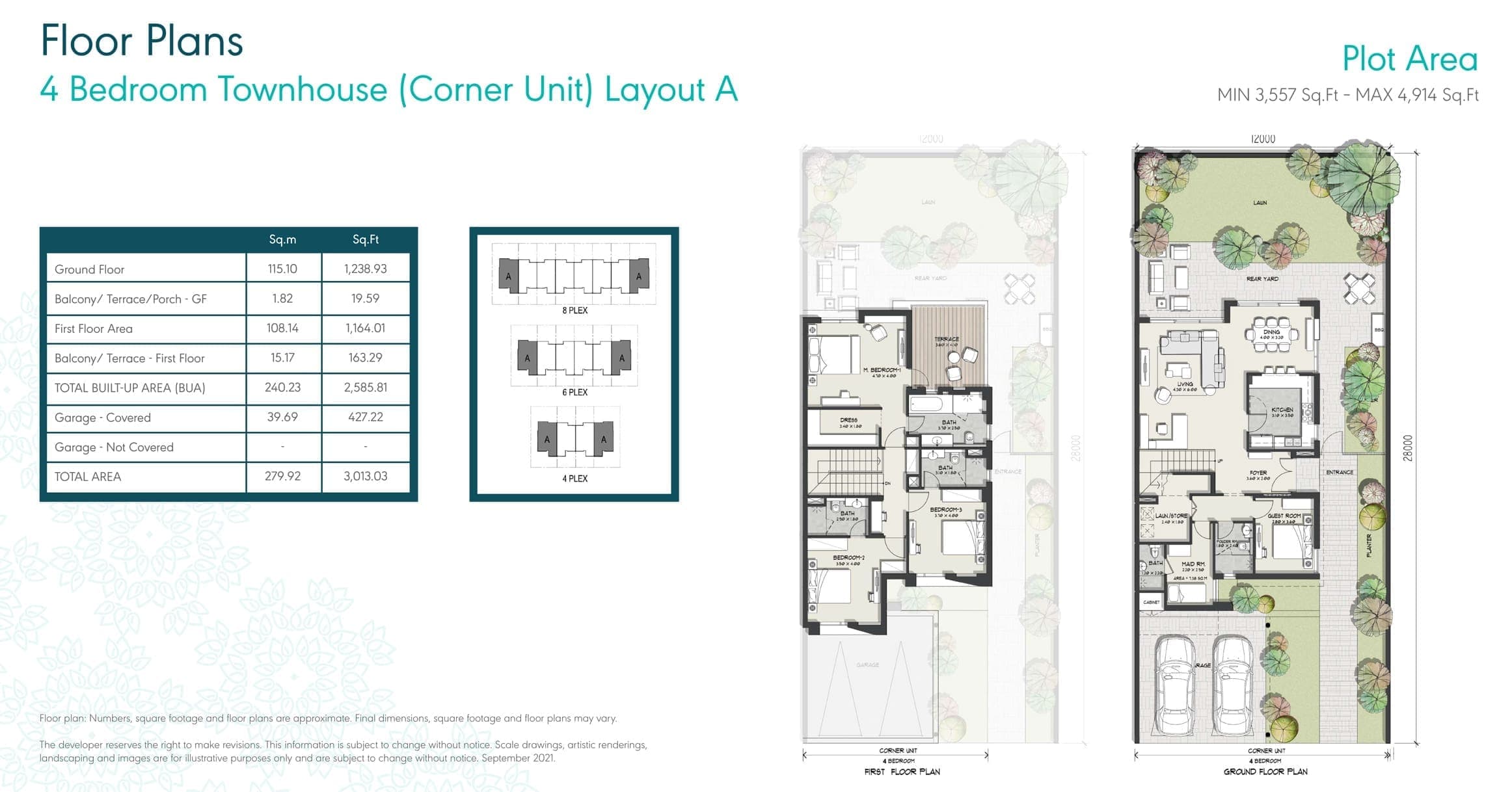 Murooj Phase 2 - 4 Bedroom Townhouse Corner Unit Floor Plans
