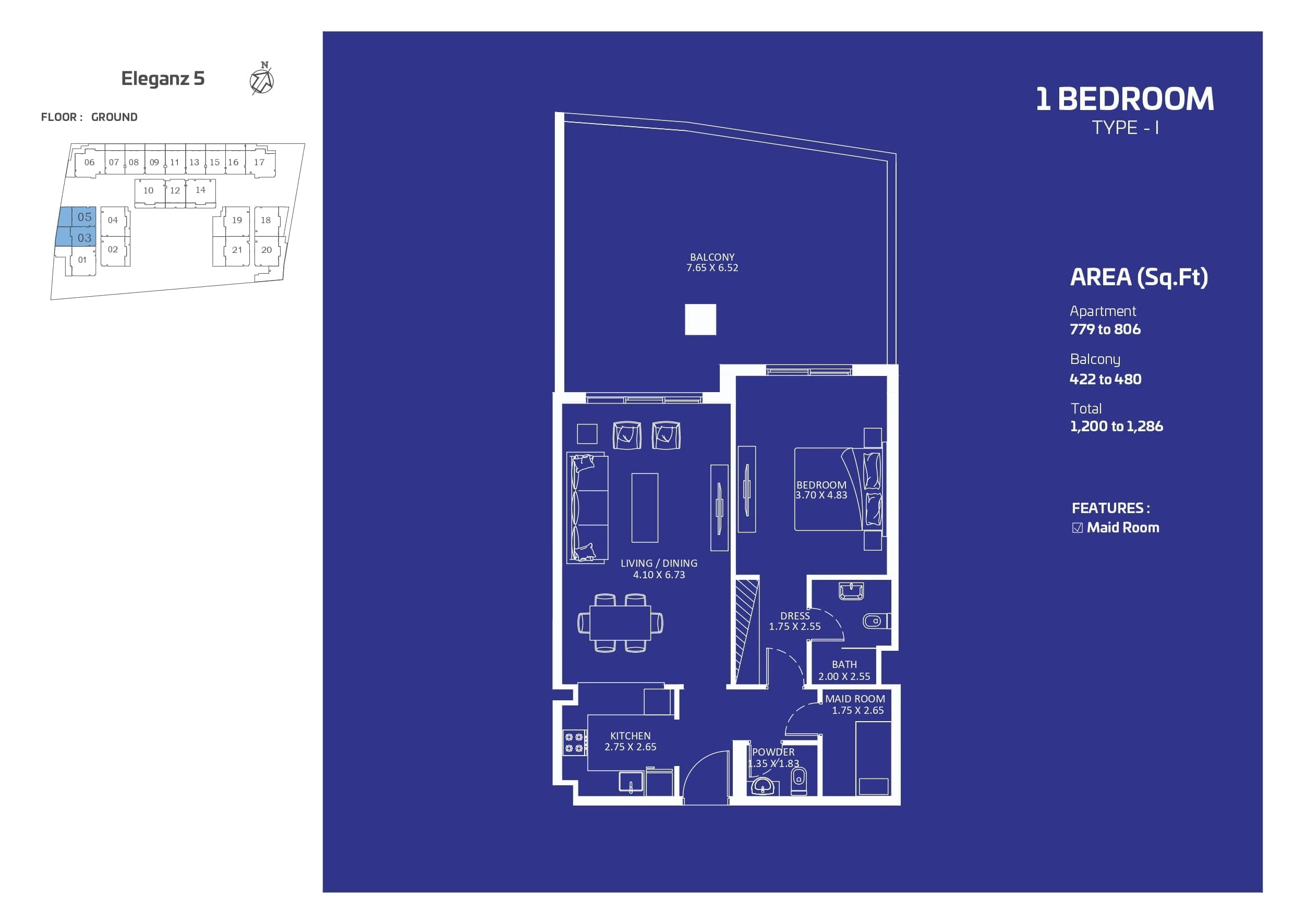 Elaganz 1 Bedroom Apartment Type I Floor Plan