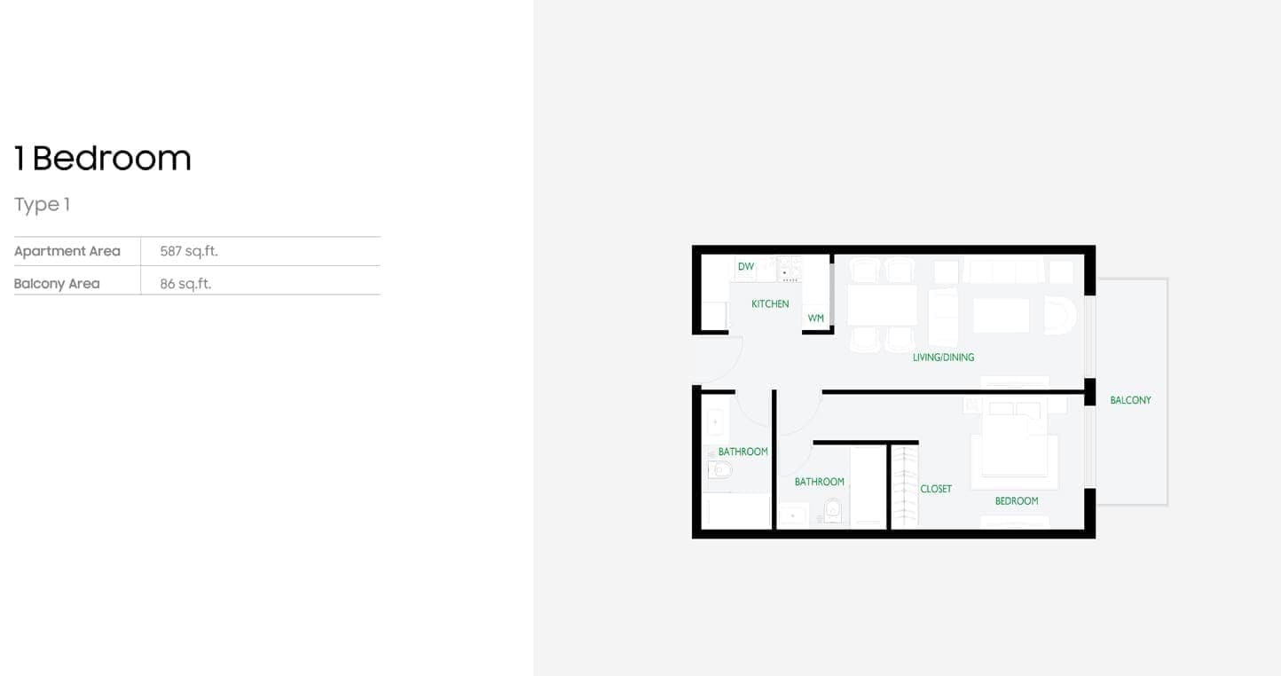 The Community 1 Bedroom Apartment Type 1 Floor Plan