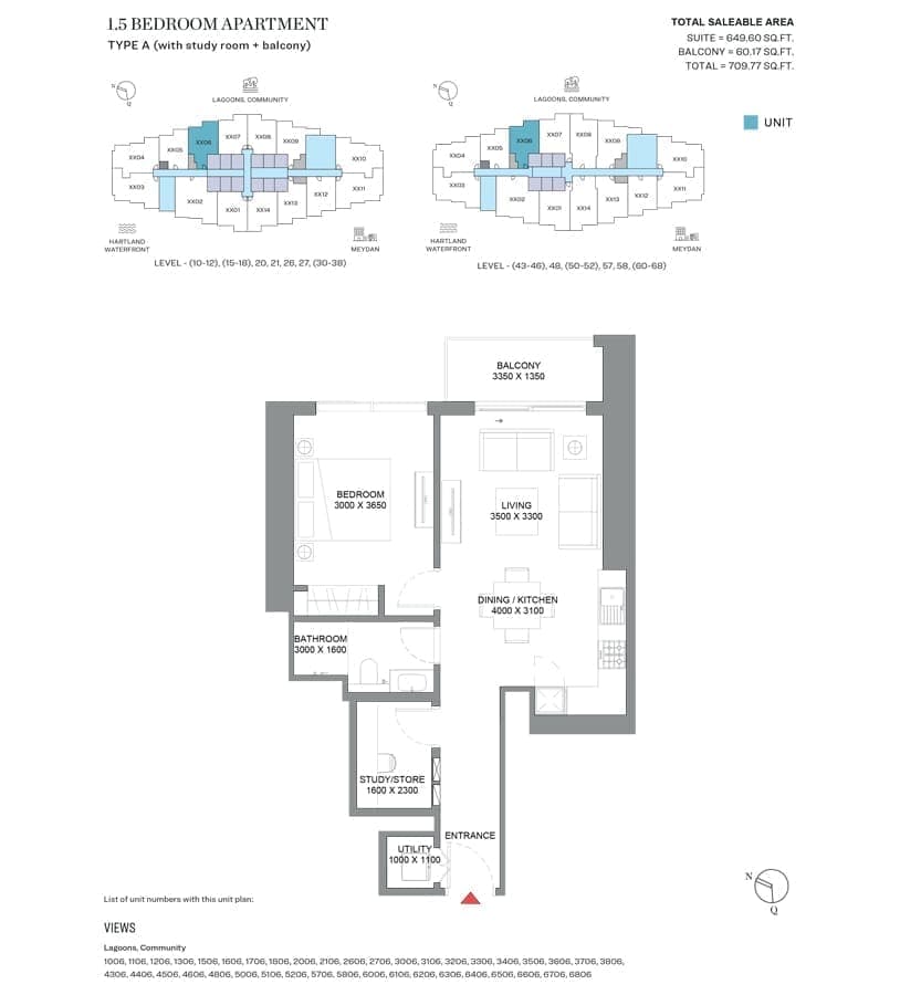 360 Riverside Crescent 1 Bedroom plus Study Apartment Type A Floor Plan