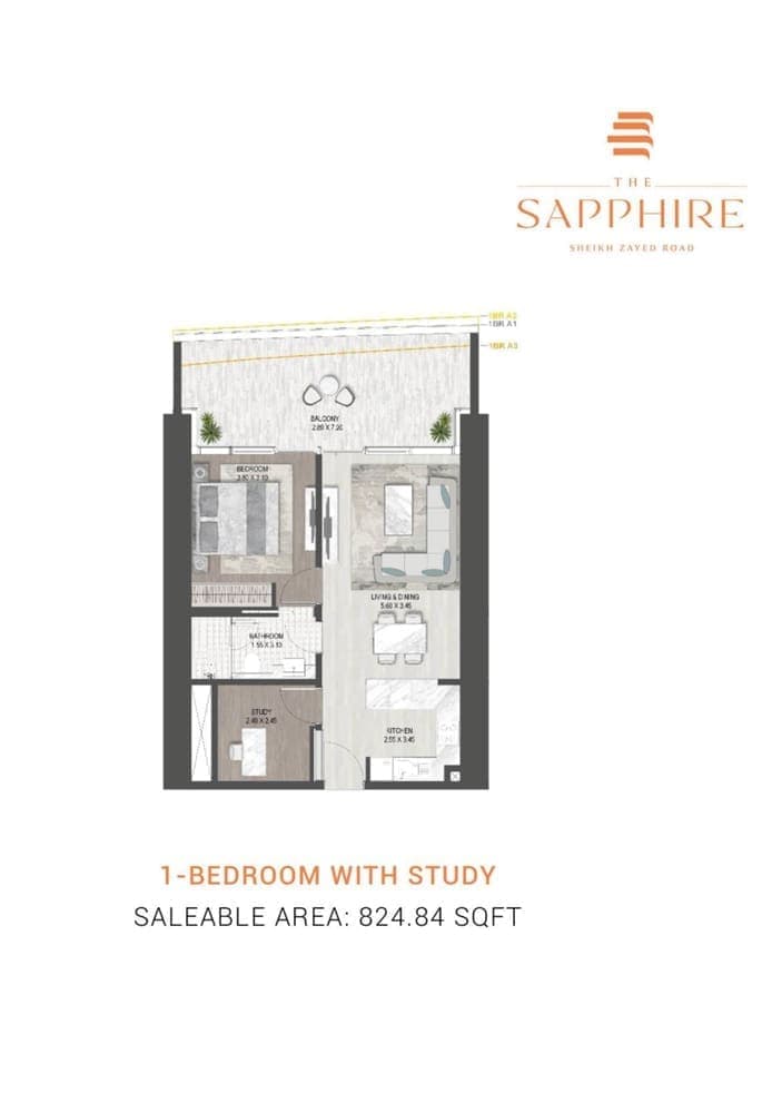 Damac Sapphire 1 Bedroom Apartment with Study Floor Plan
