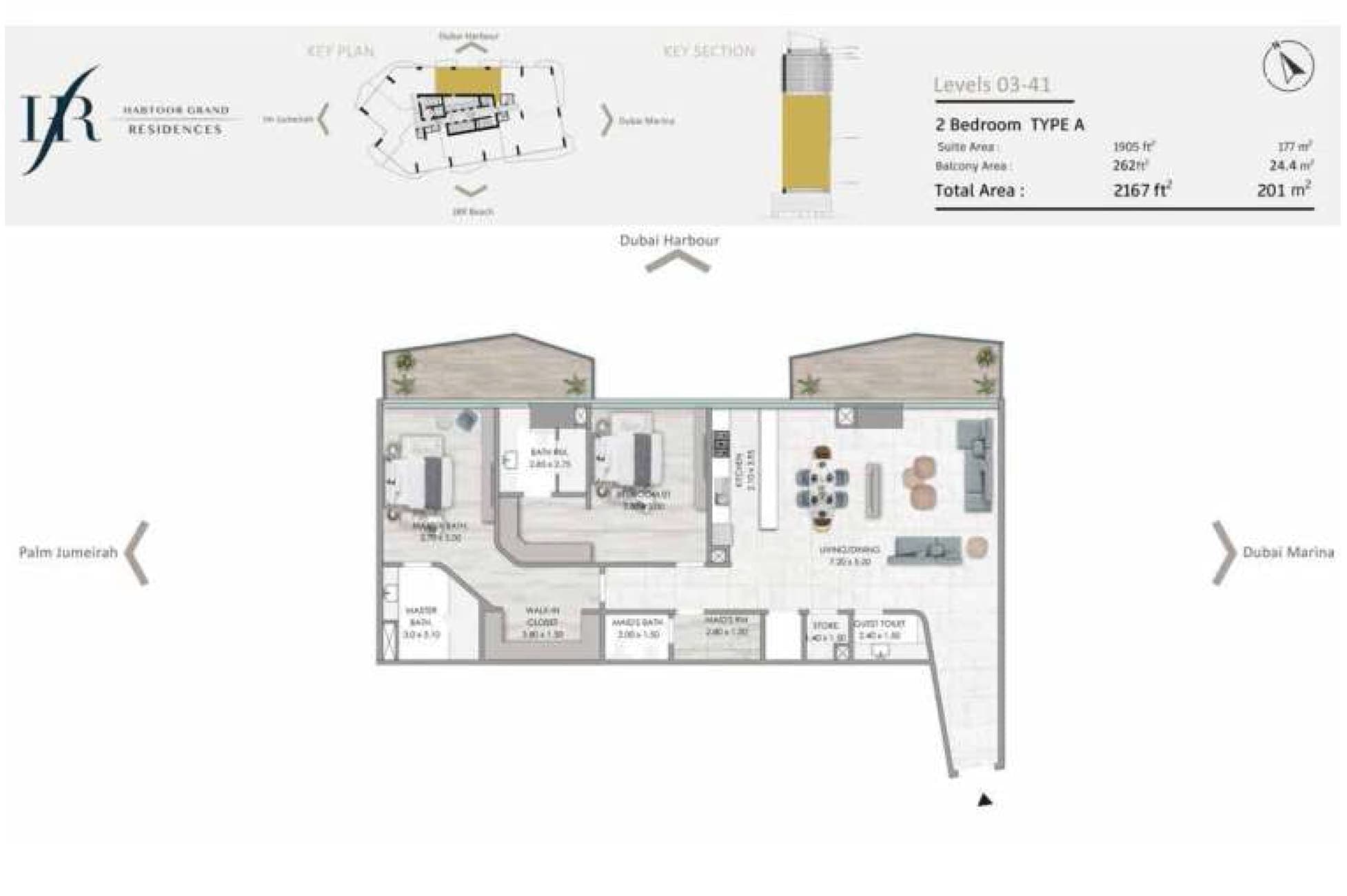 Habtoor Grand Residences 2 Bedroom Type A Floor Plan