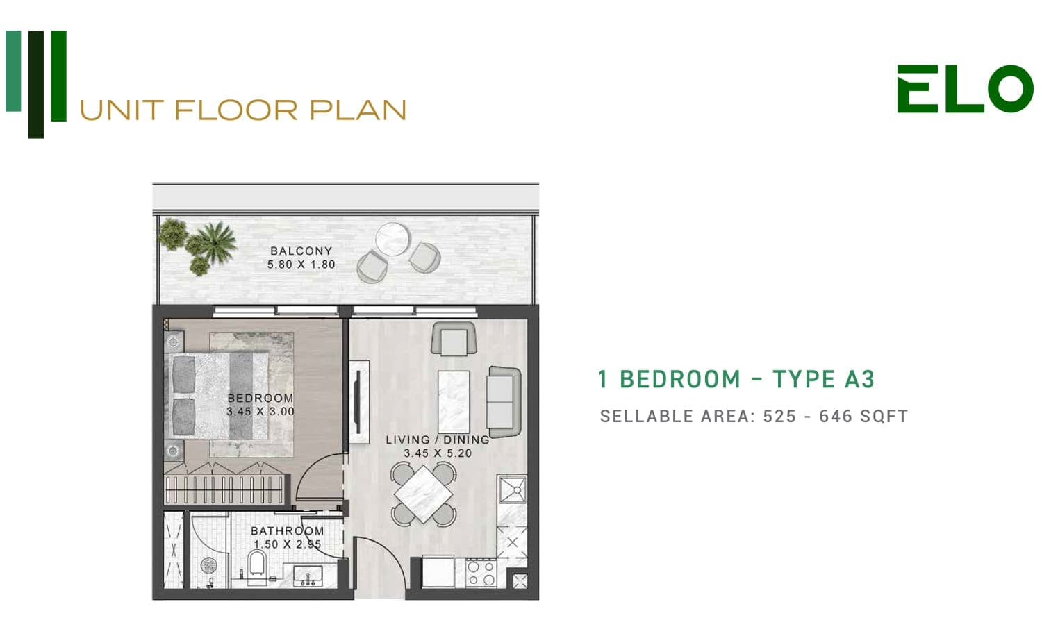 Elo by Damac 1 Bedroom Apartment Type A3 Floor Plan