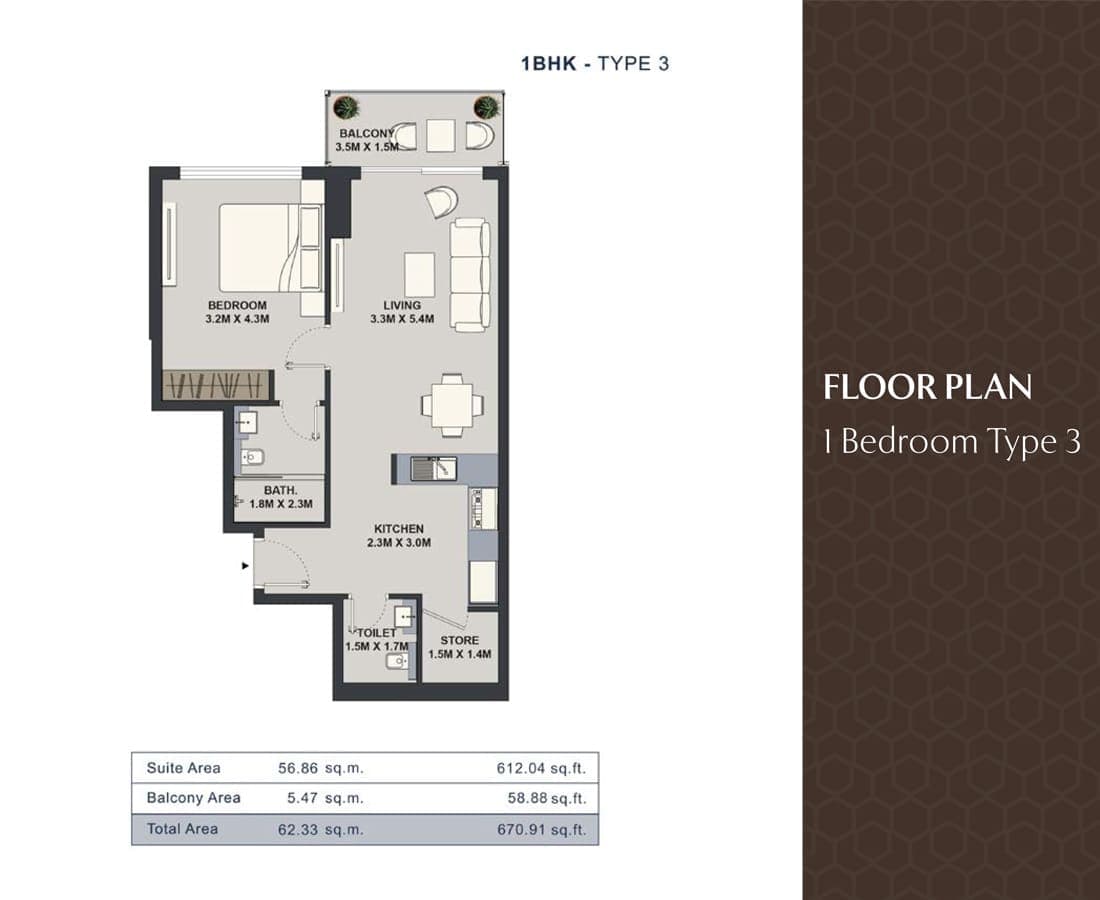 Maison Elysee 1 Bedroom Apartment Type 3 Floor Plan