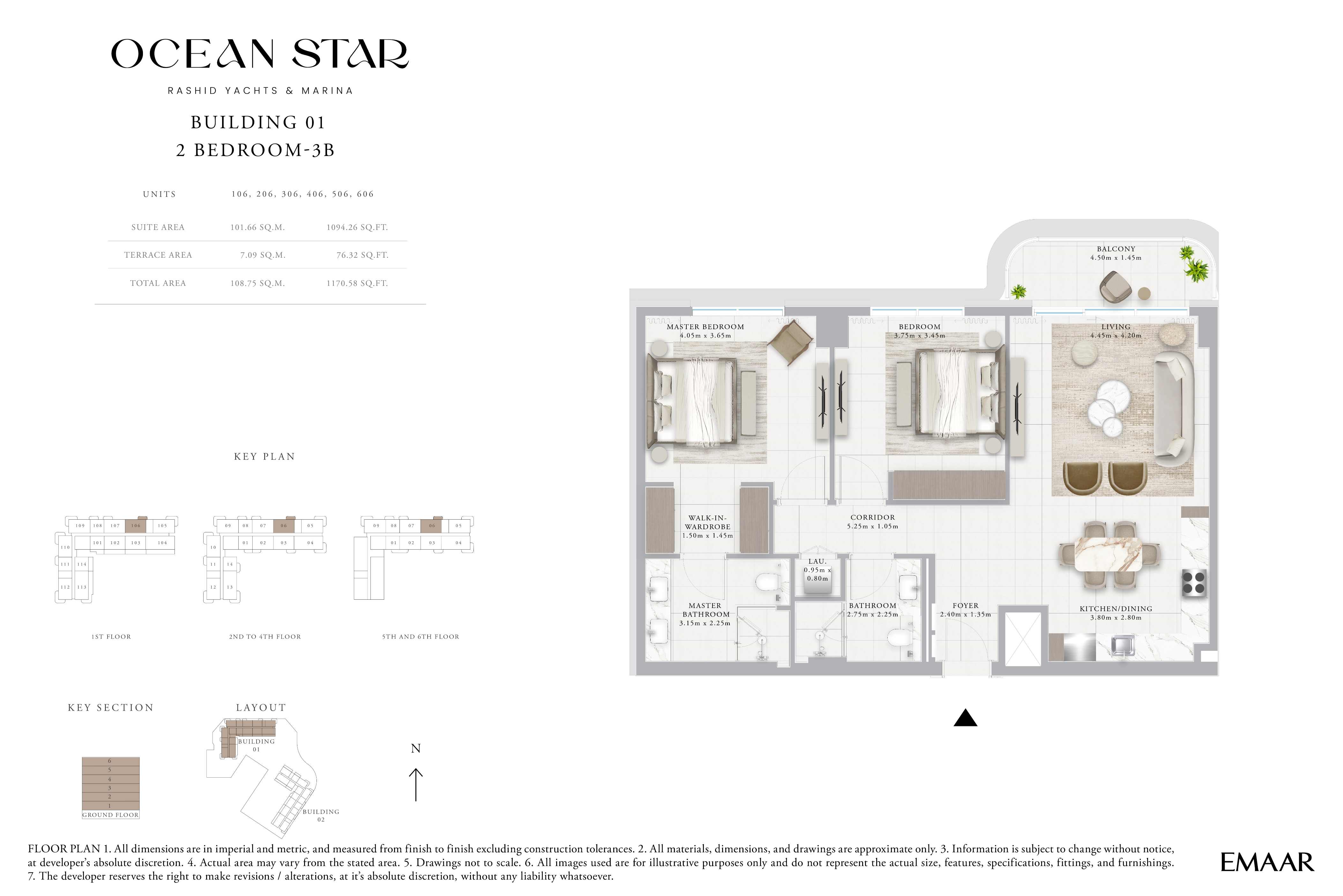 Emaar Ocean Star Building 1 - 2 Bedroom Apartment Type 3B Floor Plan