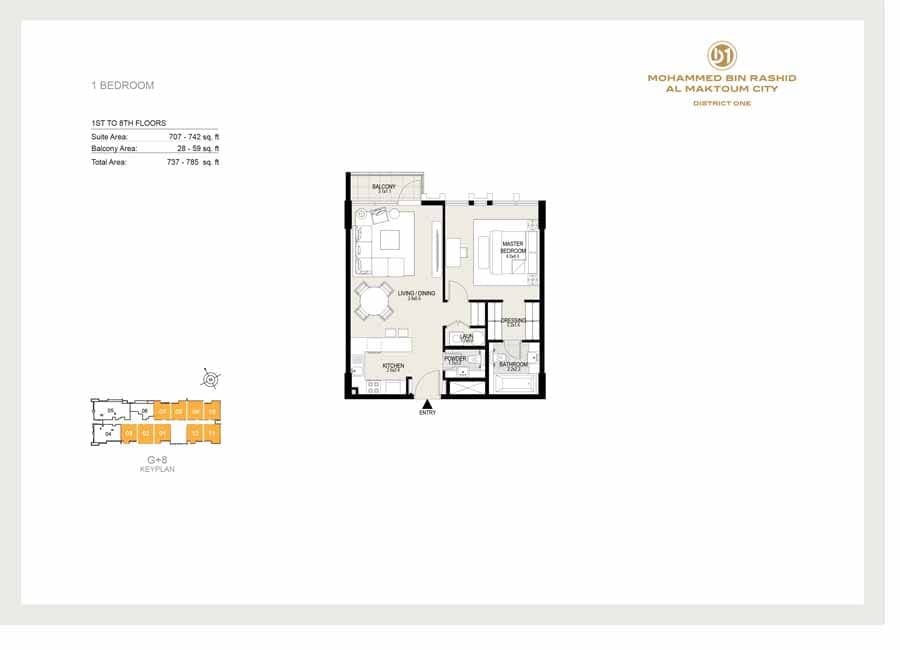 District One Residences 15 - 1 Bedroom Apartment Floor Plan