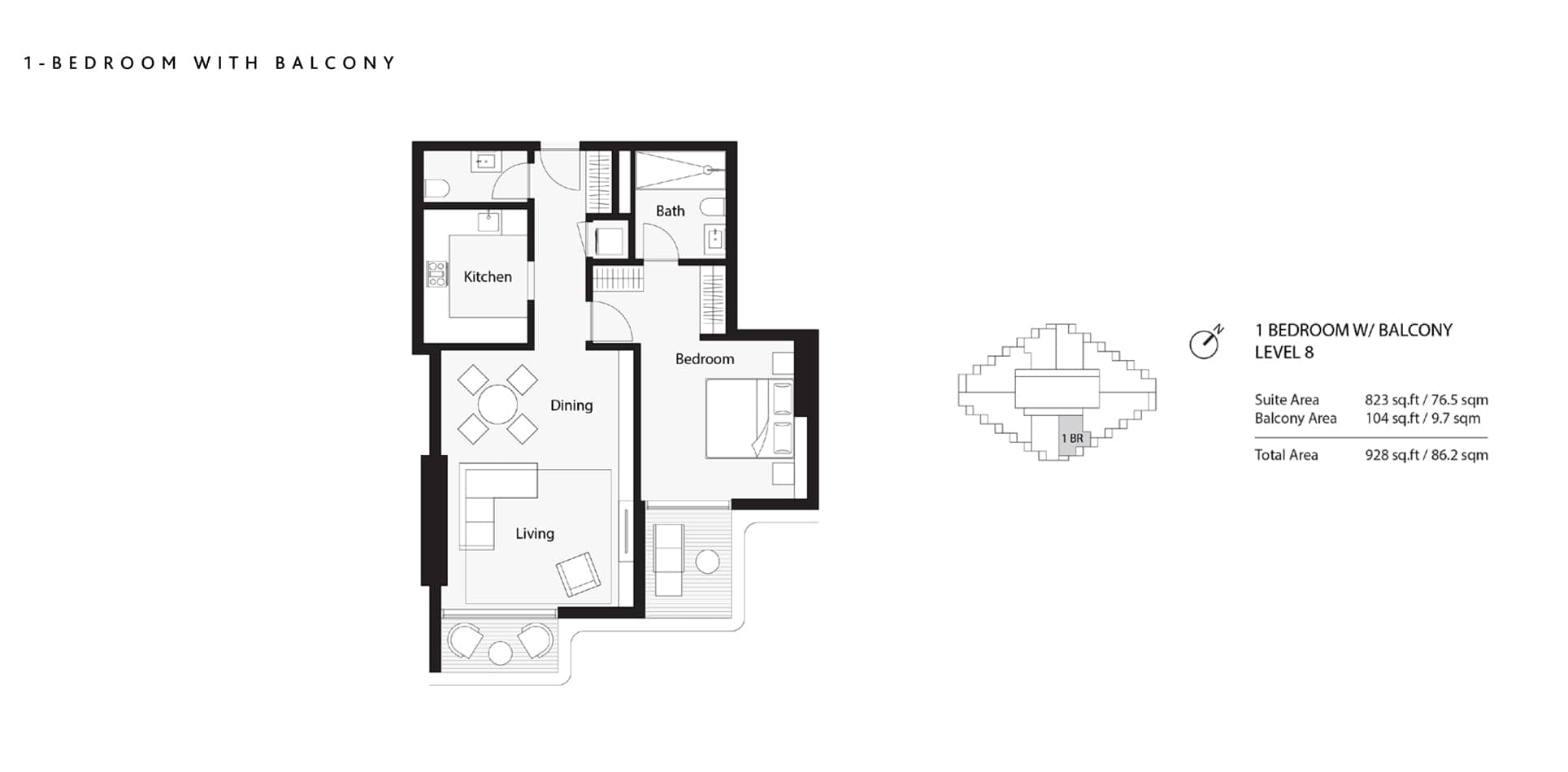 One B Tower 1 Bedroom with Balcony Floor Plan