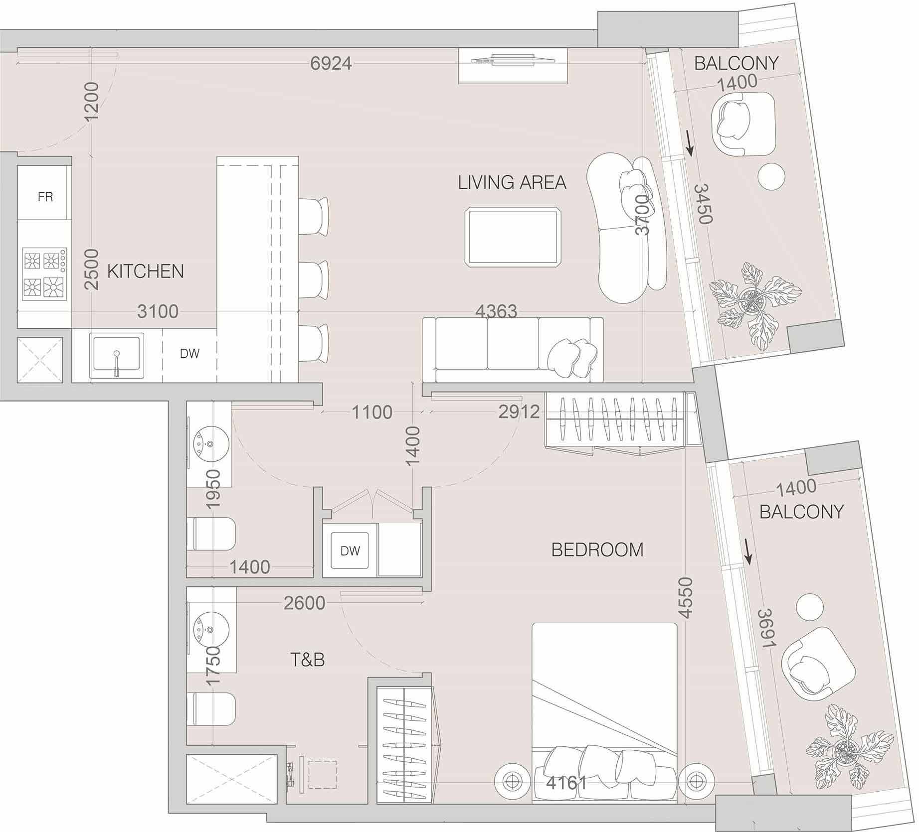 Lum1nar 1 Bedroom Apartment Floor Plan