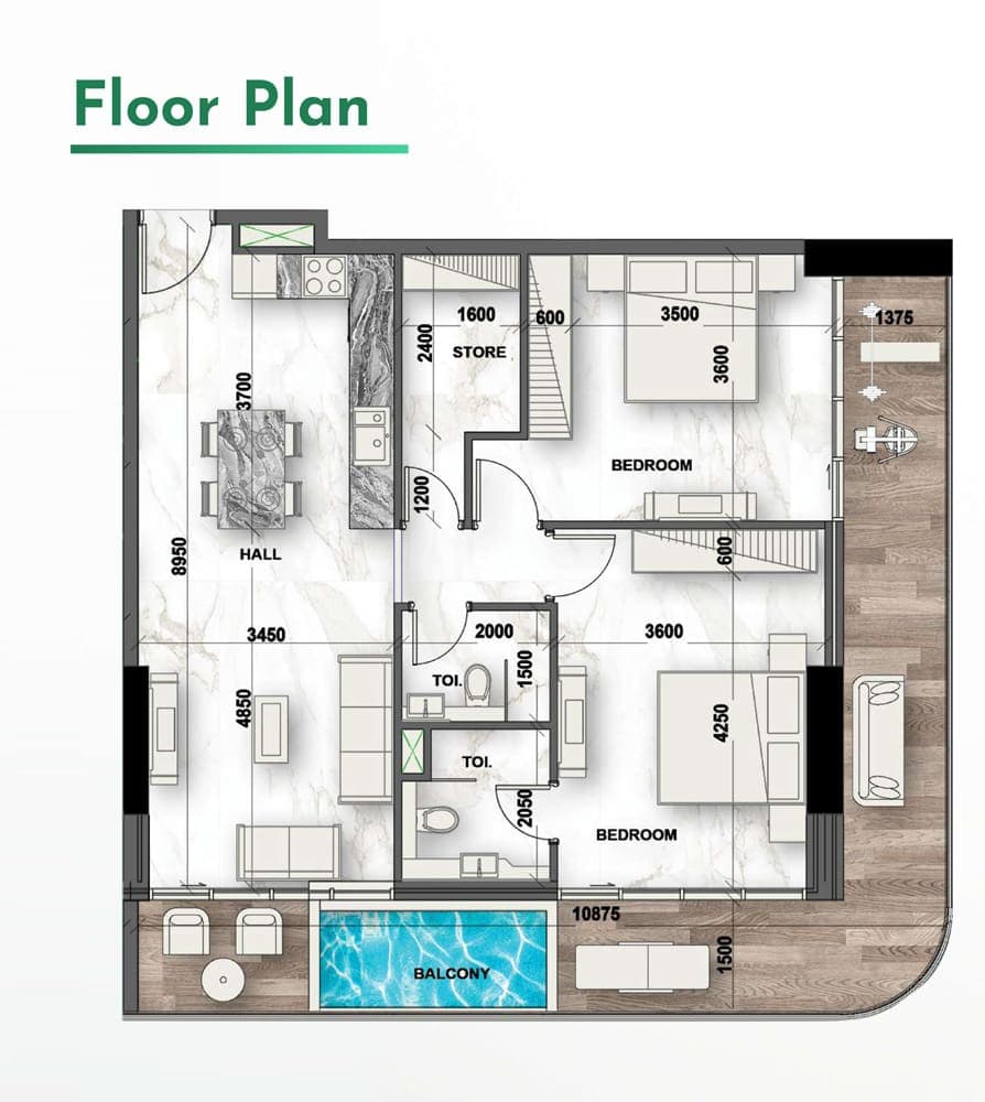 Peace Lagoons 2 Bedroom with Maid Floor Plan