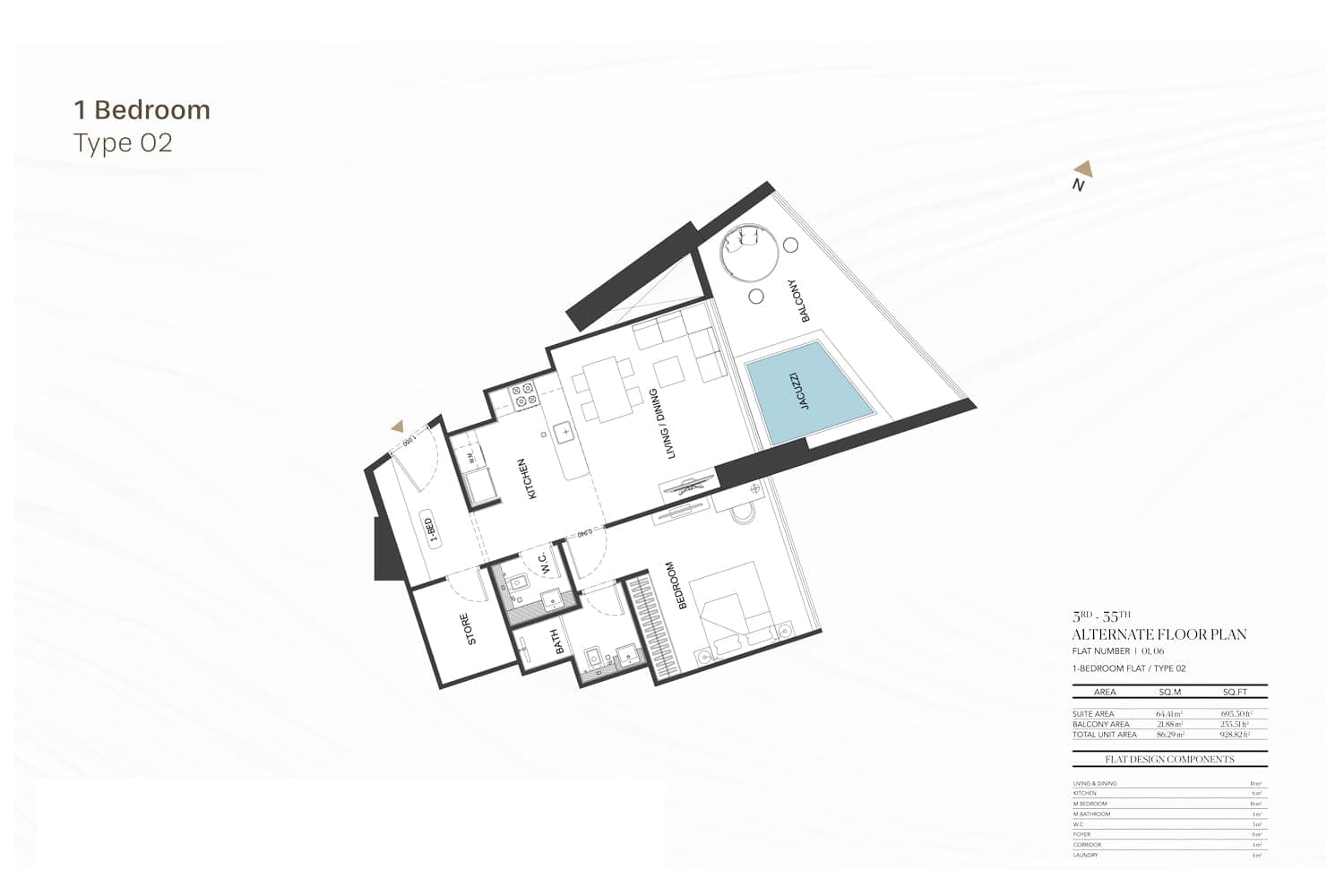 Binghatti Royale 1 Bedroom Type 02 Floor Plan