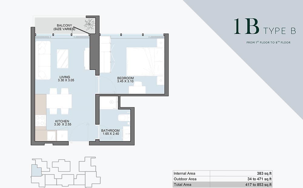 Alba Tower 1 Bedroom Apartment Type B Floor Plan