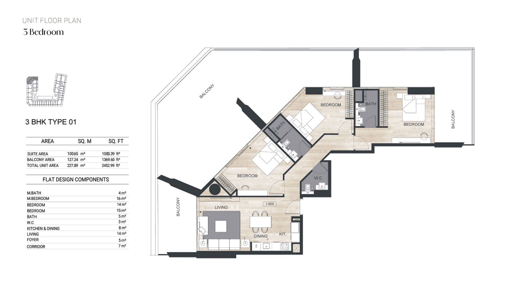Binghatti Ghost 3 Bedroom Apartment Type 01 Floor Plan