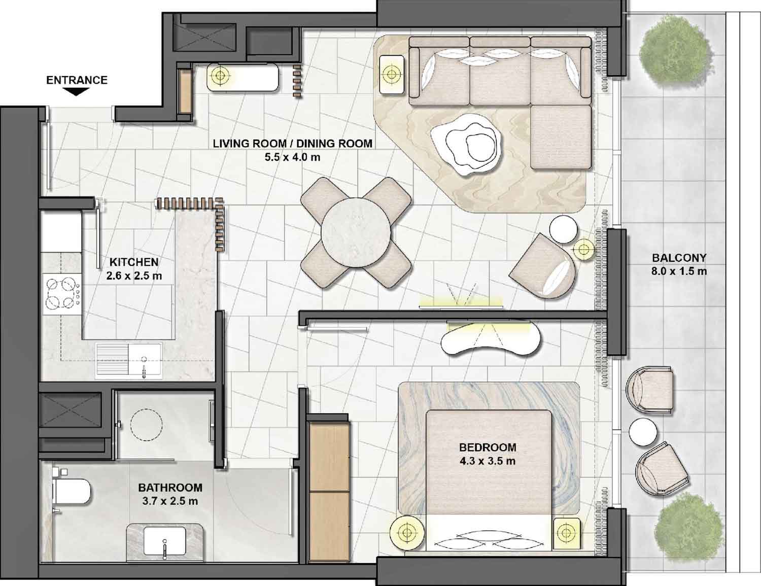 SARIA 1 Bedroom Apartment Floor Plan
