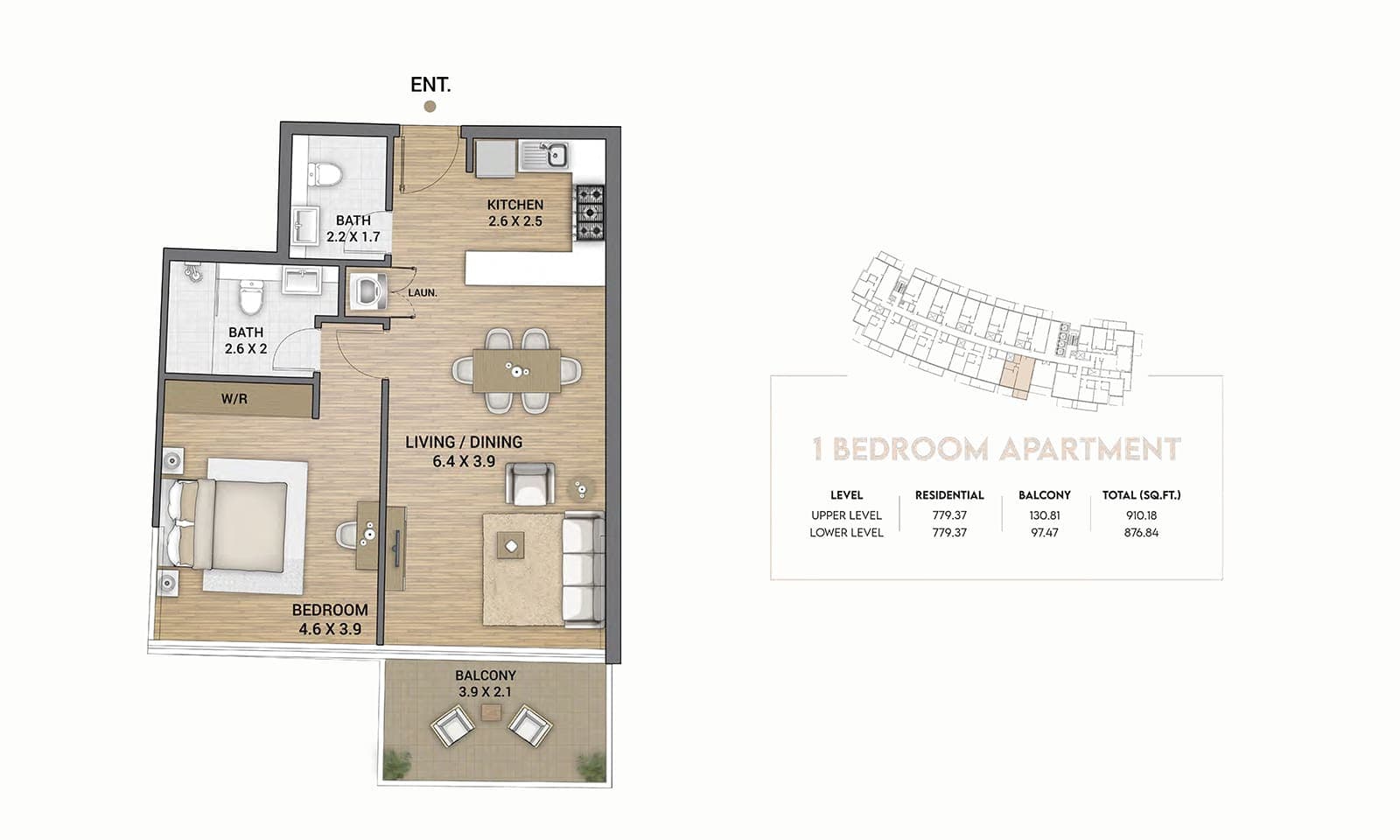 Ocean Tower 1 Bedroom Apartment -1 Floor Plan