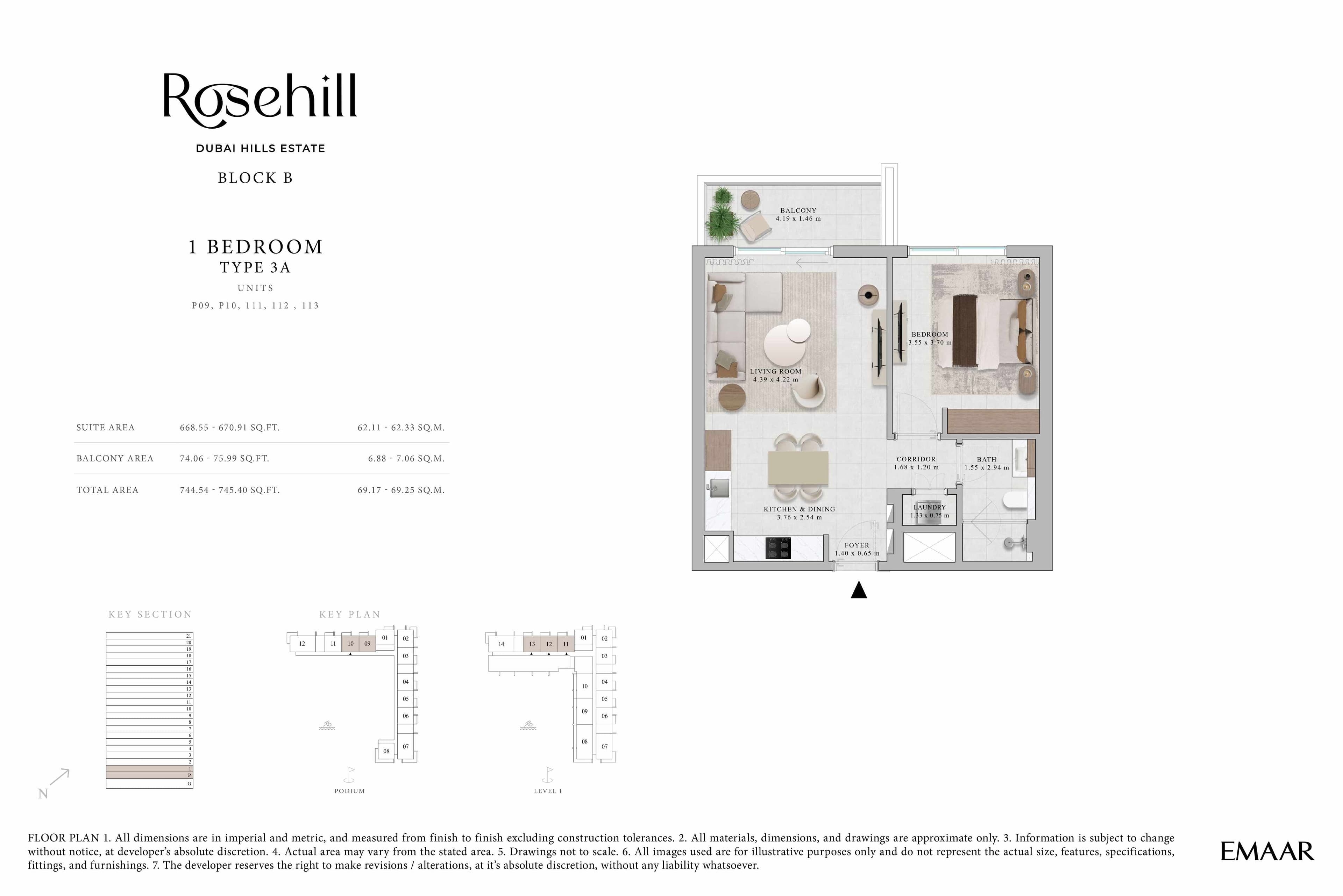 Rosehill by Emaar 1 Bedroom Apartment Type 3A Floor Plan