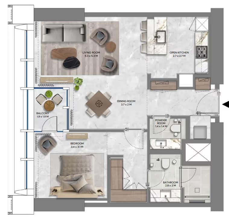 DIFC Heights 1 Bedroom Apartment Floor Plan