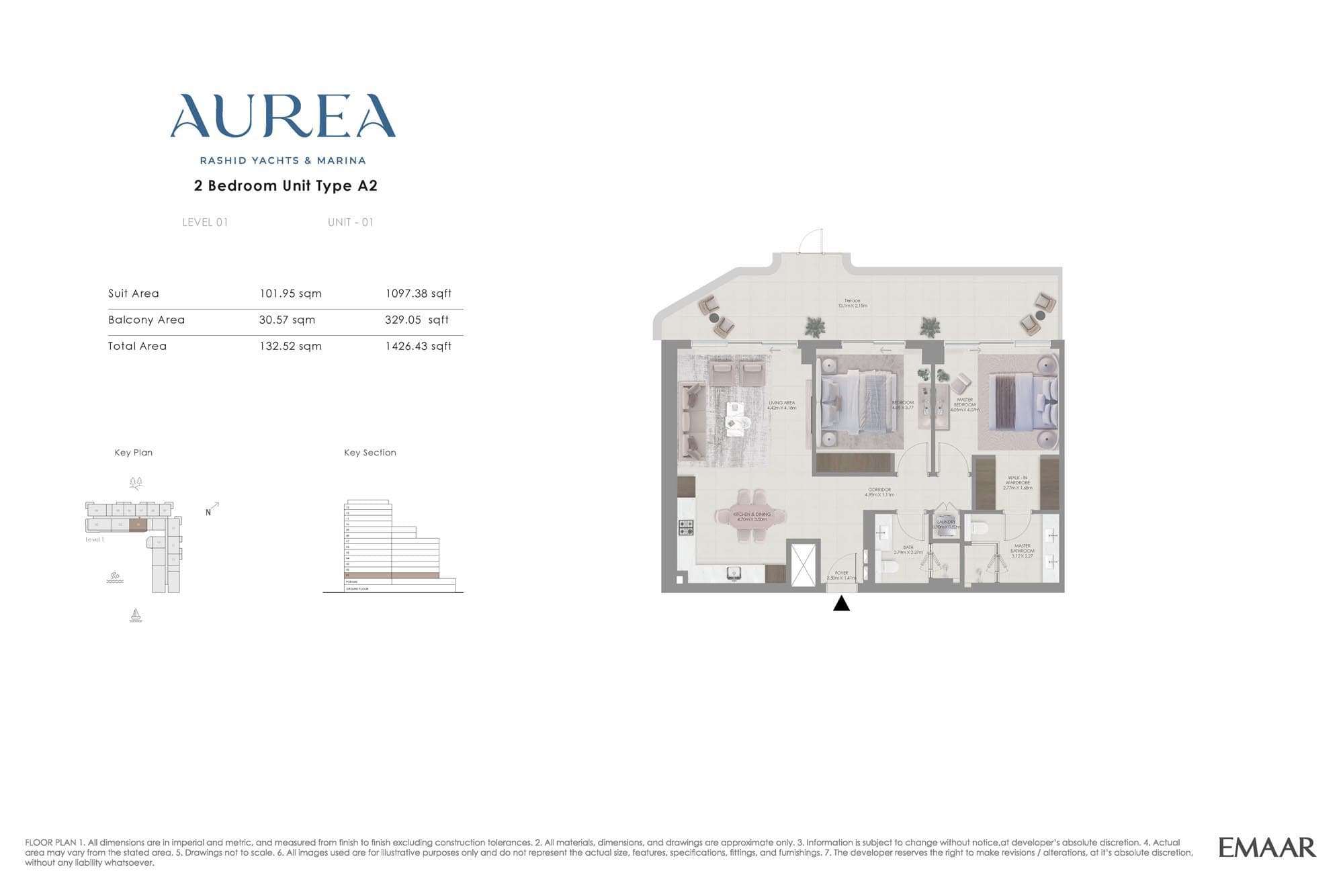 Aurea by Emaar 2 Bedroom Unit Type A2 Floor Plan