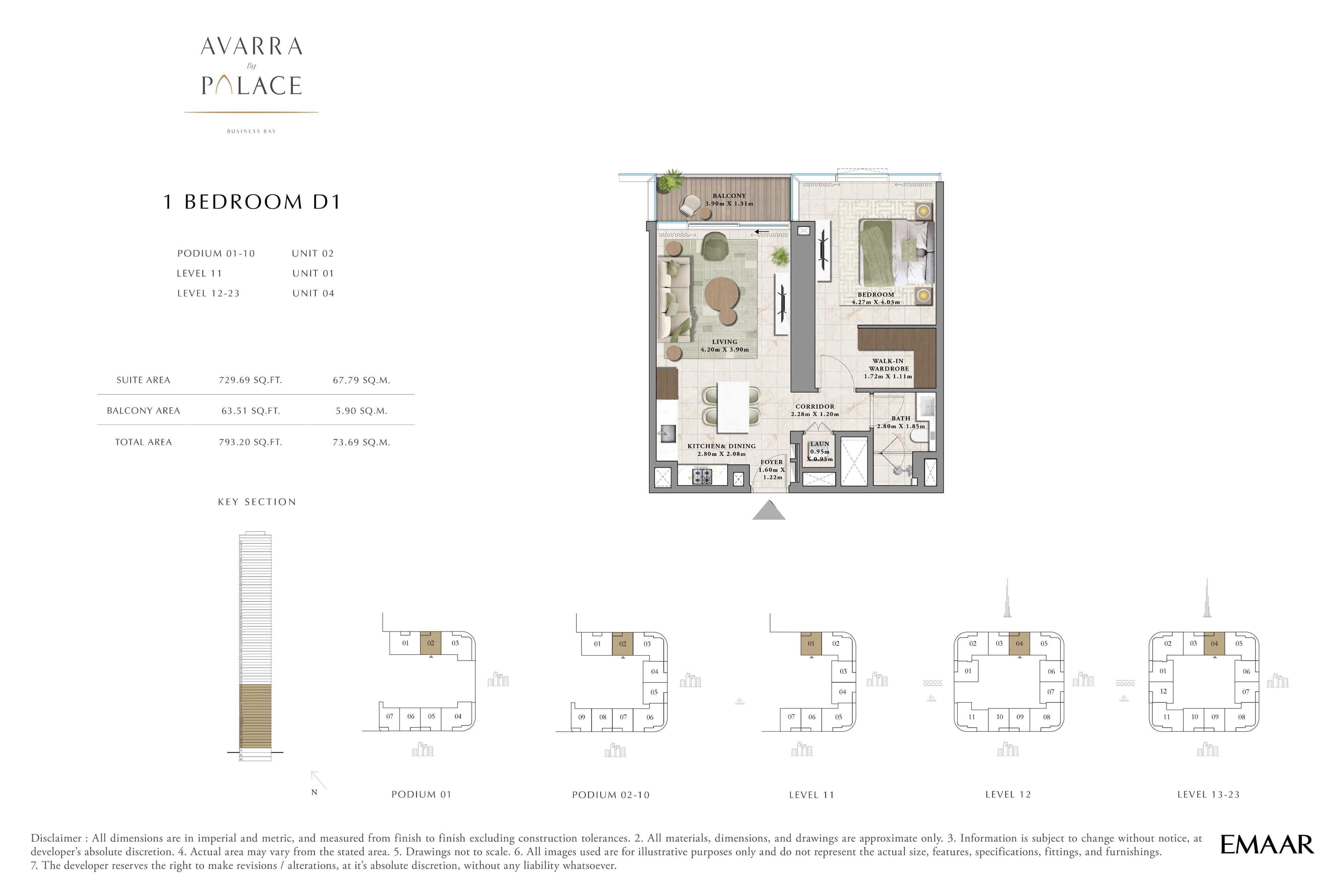 Avarra by Palace Emaar 1 Bedroom Type D1 Floor Plan