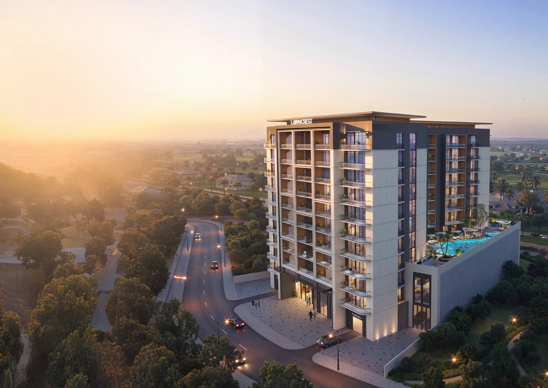 Lawncrest apartments in Dubai Production City exterior view