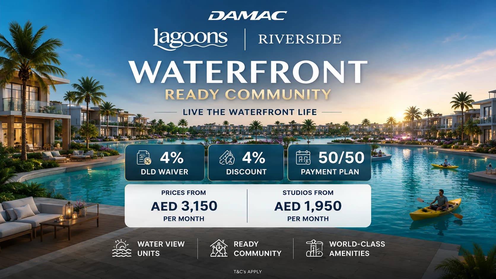منازل داماك المطلة على الواجهة المائية بدءاً من 1,950 درهماً شهرياً: إعفاء 4% من رسوم دائرة الأراضي، خصم 4% وخطة سداد 50/50