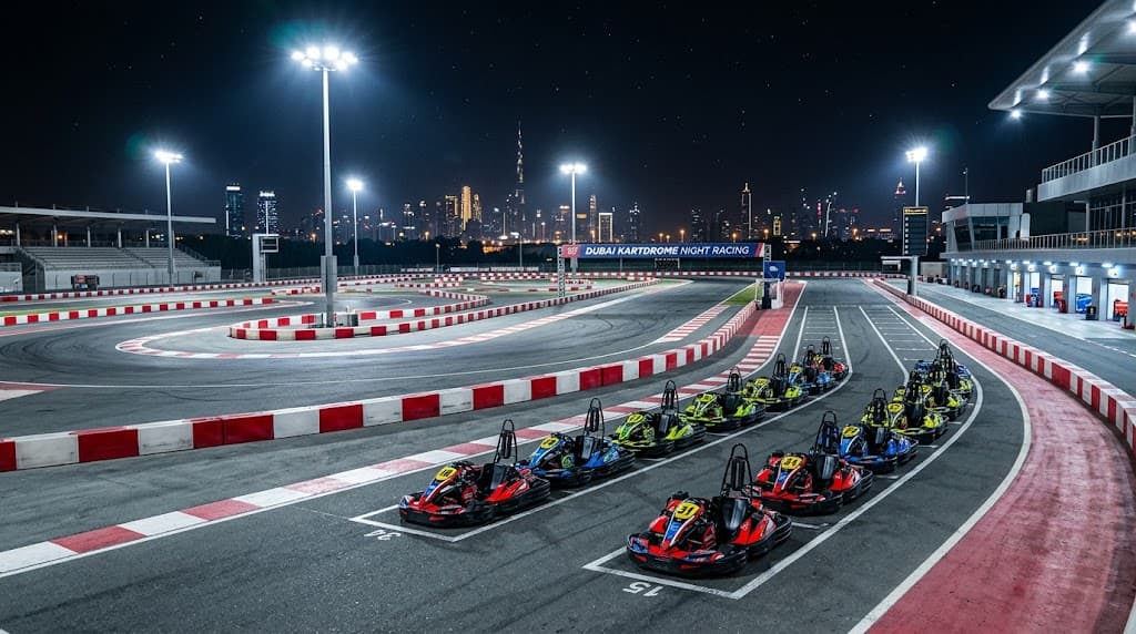 Where can I go night-time outdoor karting in Dubai and how much does it cost?