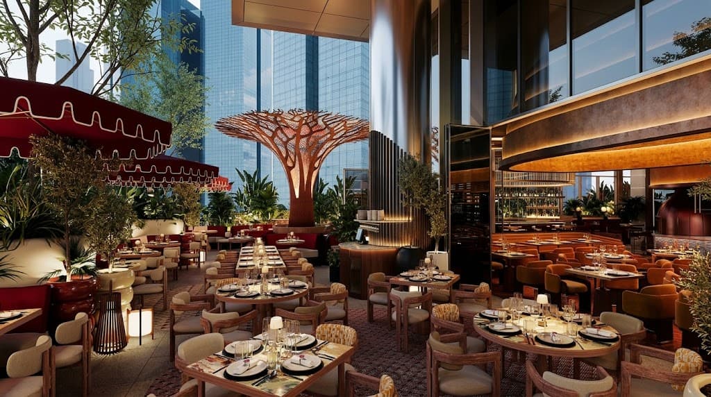Which Dubai restaurants deliver food with skyline views and a lively vibe?
