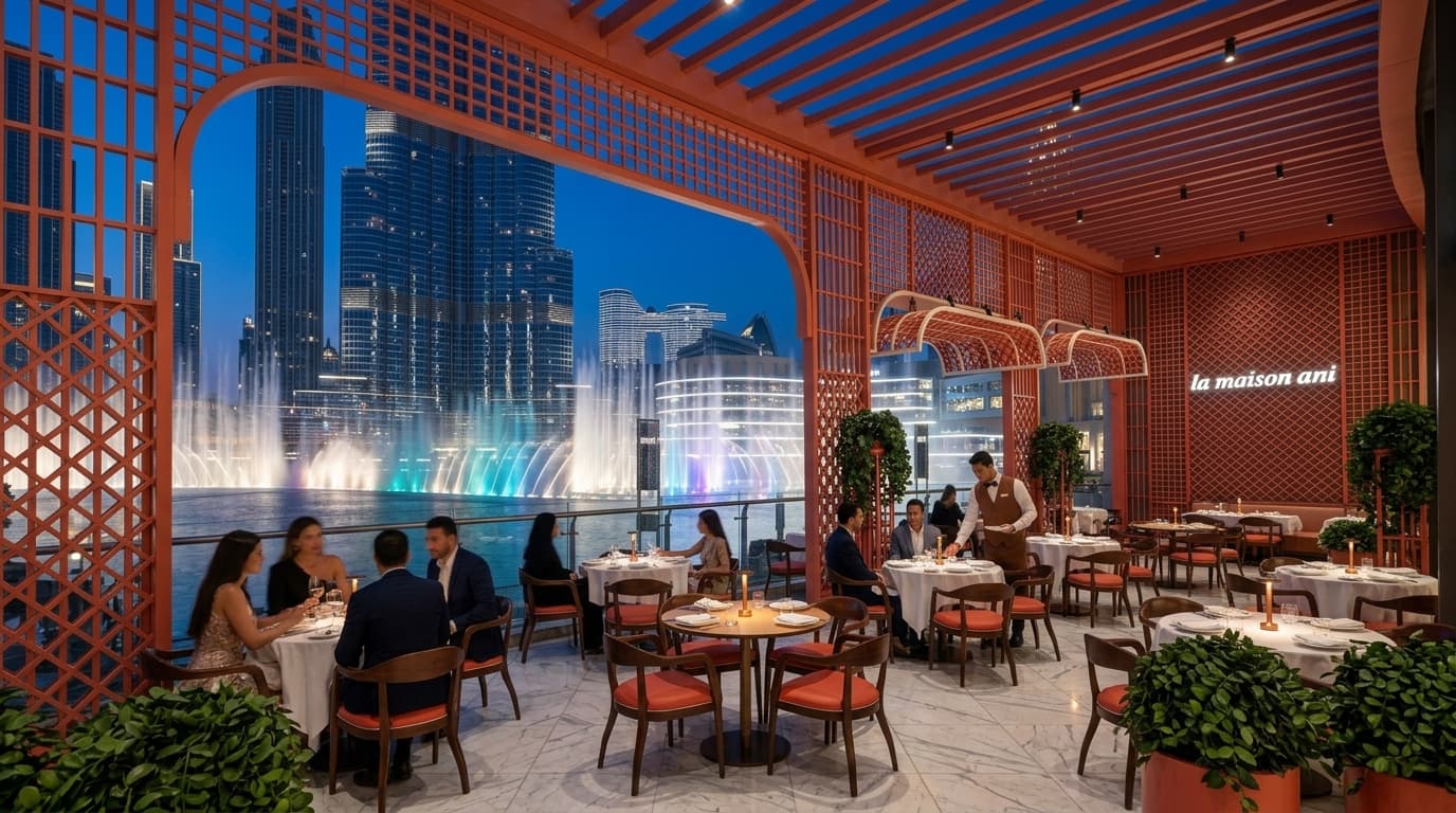 Does La Maison Ani by Chef Izu have terrace views of the Dubai Fountain?