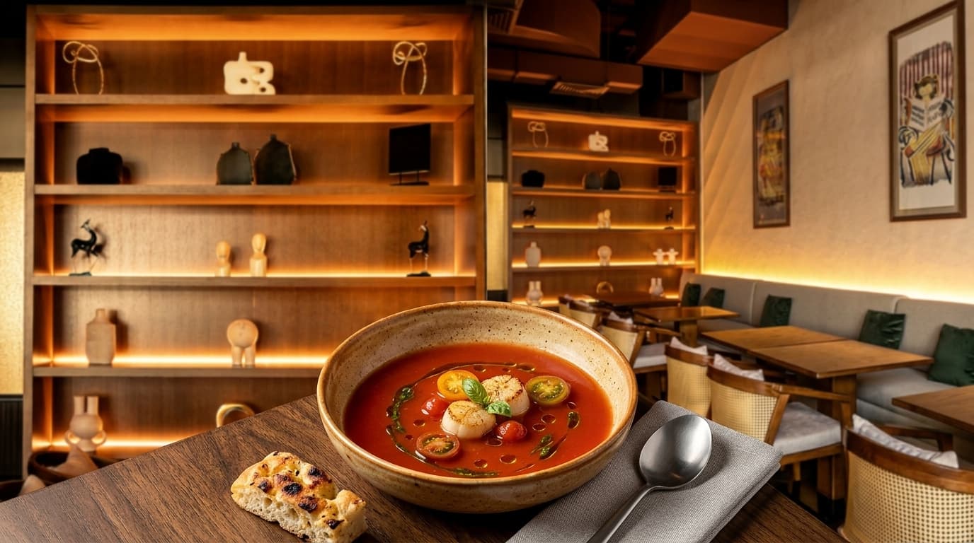 What role does the sour tomato broth play in the menu?