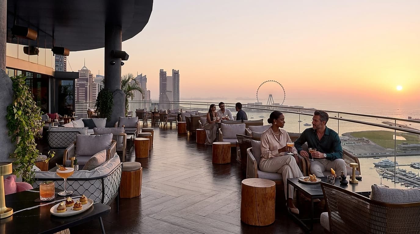 Which rooftop bar in Dubai has the best sunset skyline views?