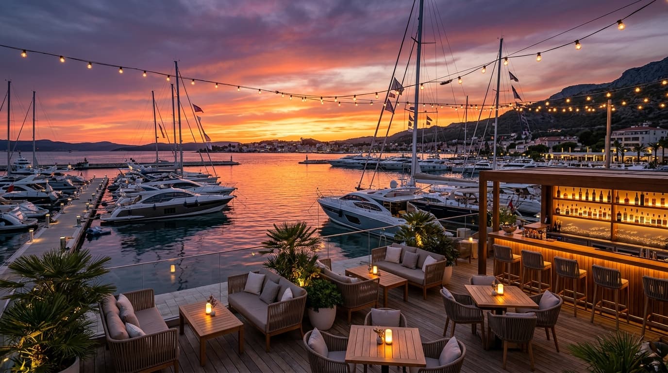 Which marina bar in Dubai offers the best sunset with yachts and orange skies?